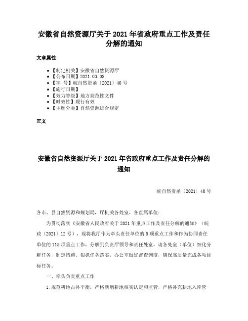 安徽省自然资源厅关于2021年省政府重点工作及责任分解的通知