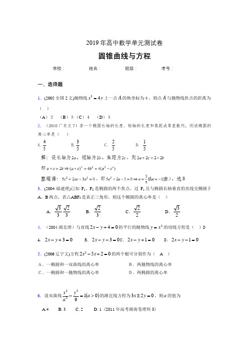 精编新版2020高考数学《圆锥曲线方程》专题训练完整题(含标准答案)