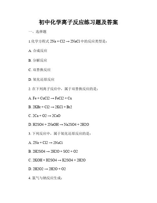 初中化学离子反应练习题及答案