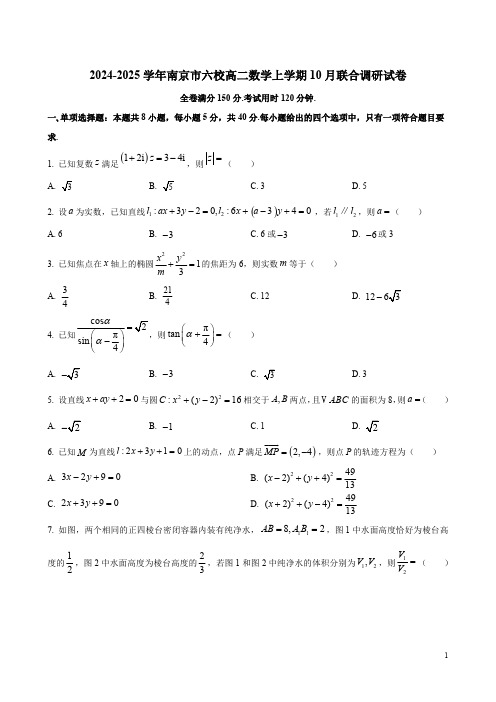 2024-2025学年南京市六校高二数学上学期10月联合调研试卷附答案解析