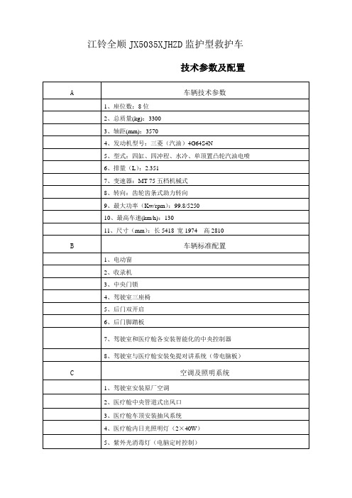 江铃全顺JX5035XJHZD监护型救护车技术参数及配置