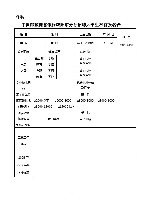 中国邮政储蓄银行咸阳市分行招聘大学生村官报名表