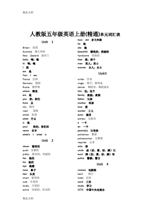 最新人教版五年级英语上册(精通)单词表