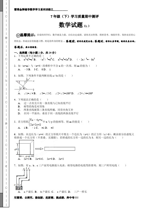 慧博数学金牌辅导浙教版7年级(下)期中试题(修订     ) -