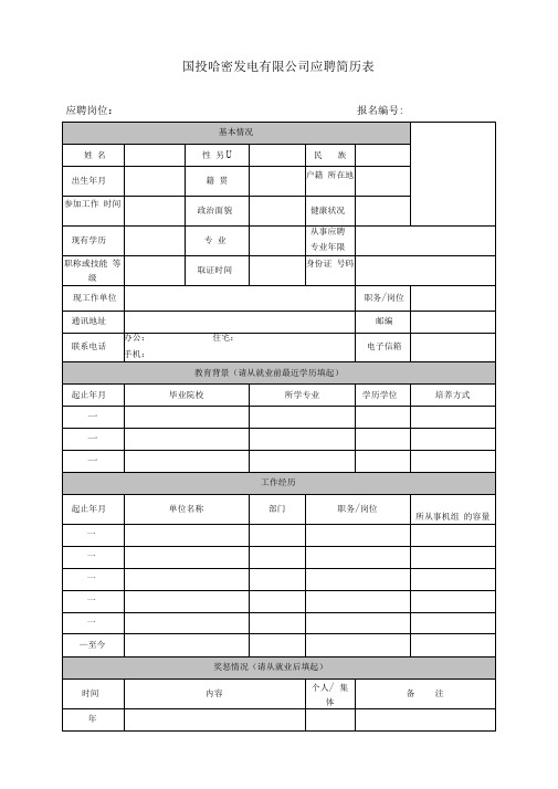 国投哈密发电有限公司应聘登记表