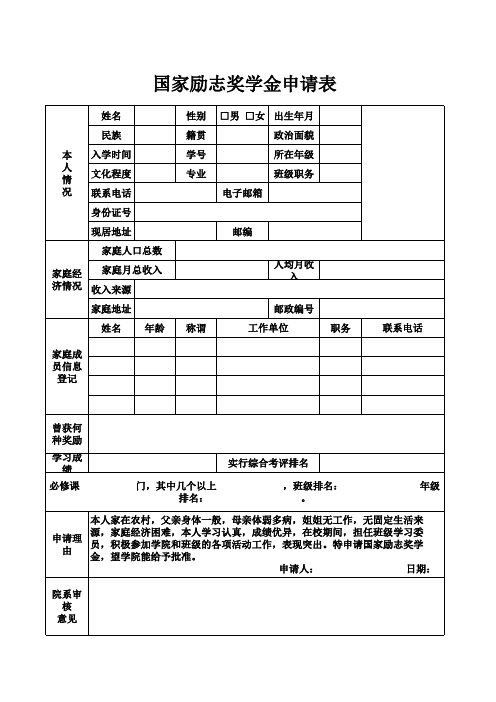 国家励志奖学金申请表