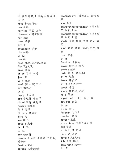 沪教牛津版小学四至六年级英语单词表