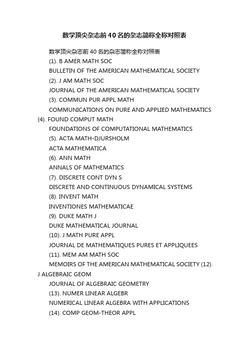 数学顶尖杂志前40名的杂志简称全称对照表