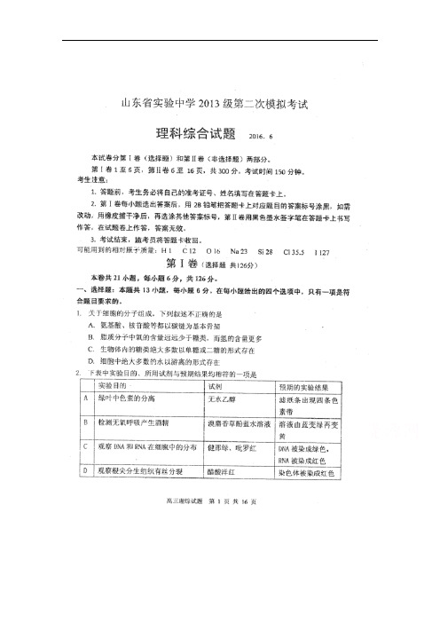 山东省实验中学2016届高三第二次模拟考试理科综合试题