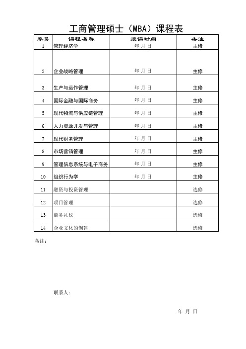 工商管理硕士(MBA)课程表