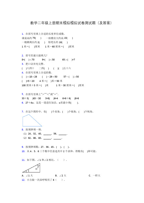 数学二年级上册期末模拟模拟试卷测试题(及答案)