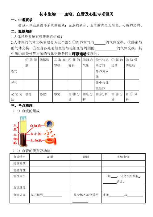 初中生物—血液、血管及心脏专项复习