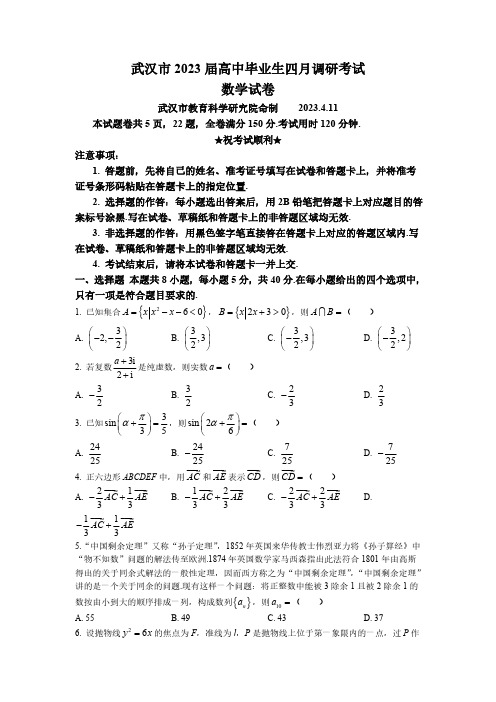 湖北省武汉市2022-2023学年高三下学期4月调研考试 数学试卷