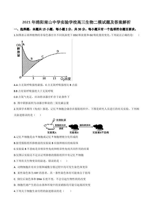 2021年绵阳南山中学实验学校高三生物二模试题及答案解析