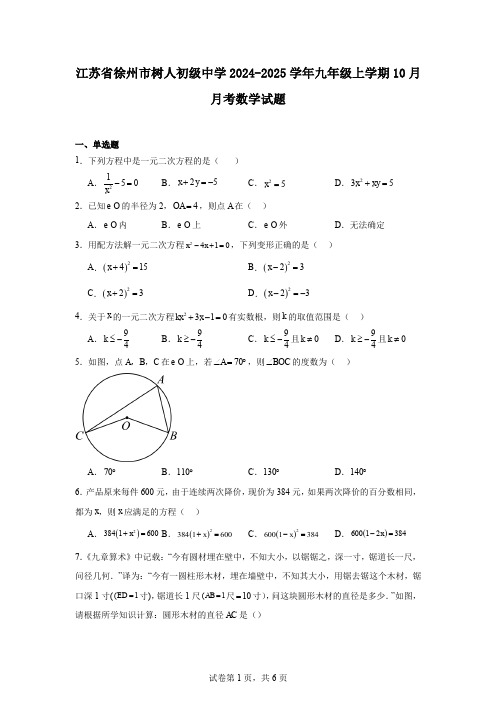 江苏省徐州市树人初级中学2024-2025学年九年级上学期10月月考数学试题