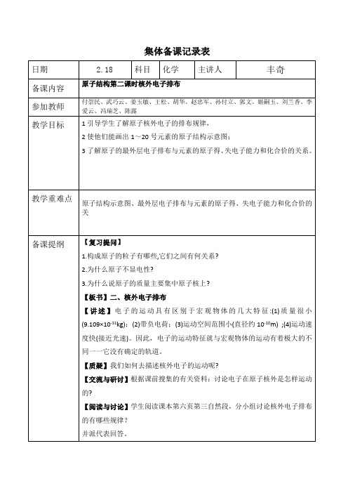 高一化学组2月18日网络集体备课记录表原子结构第二课时核外电子排布