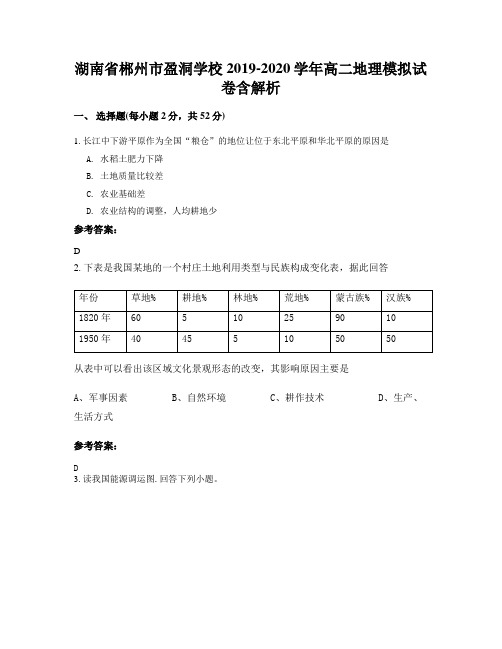 湖南省郴州市盈洞学校2019-2020学年高二地理模拟试卷含解析