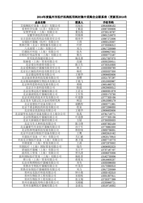 2014年度温州市医疗机构医用耗材集中采购企业联系表(更新至2014年6月27日)