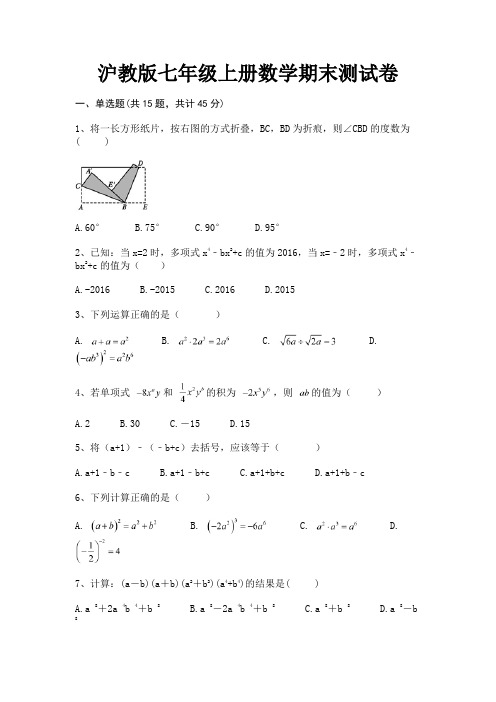 沪教版七年级上册数学期末测试卷(有一套)