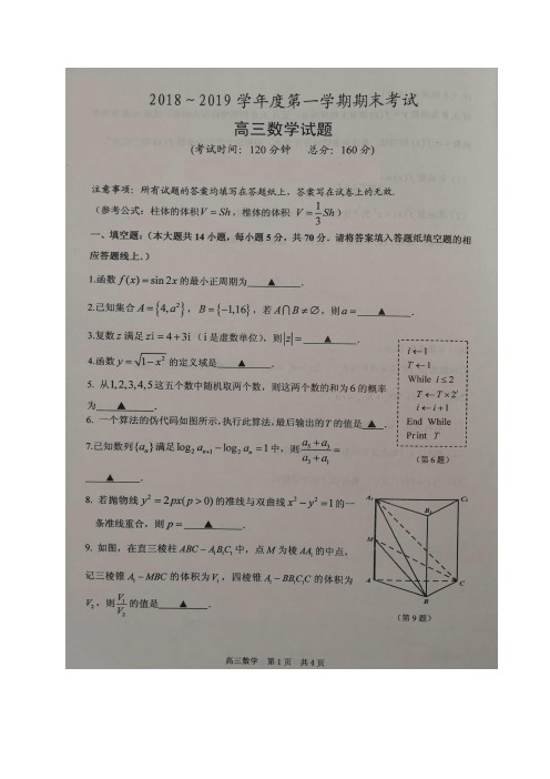 江苏省泰州市2019届高三上学期期末考试数学试题(PDF版)