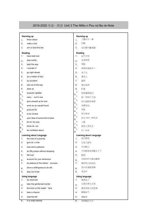2019-2020年高一英语Unit3TheMillionPoundBank-Note
