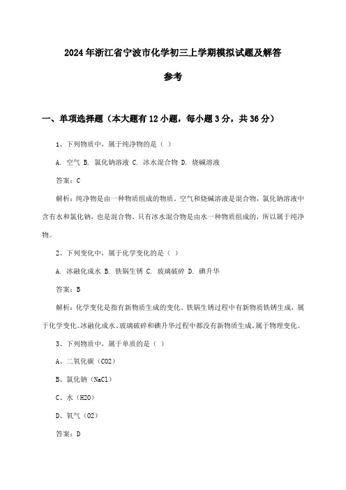 浙江省宁波市化学初三上学期试题及解答参考(2024年)