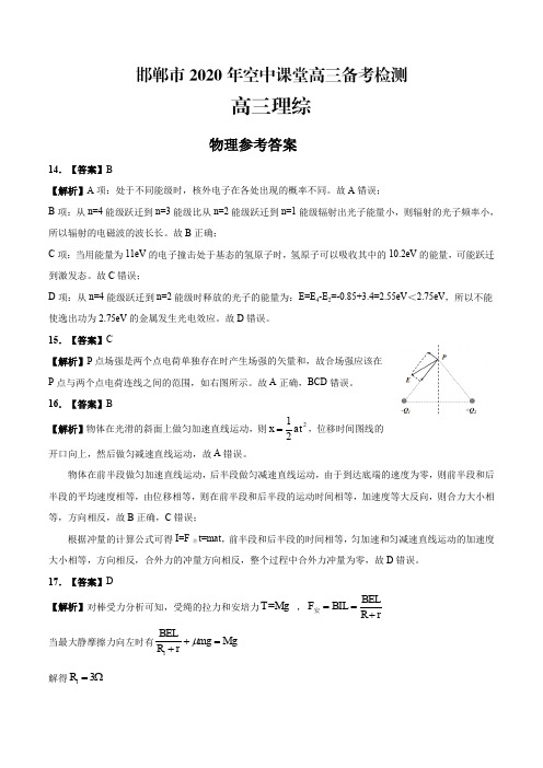 邯郸市2020年高三理综模拟试卷物理答案