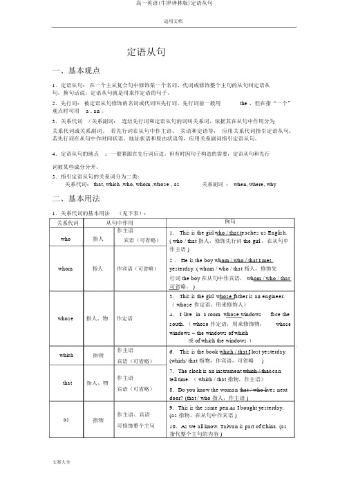 高一英语(牛津译林版)定语从句