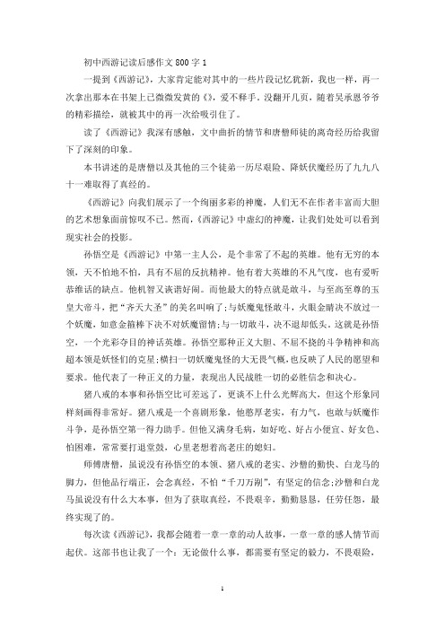 初中西游记读后感作文800字