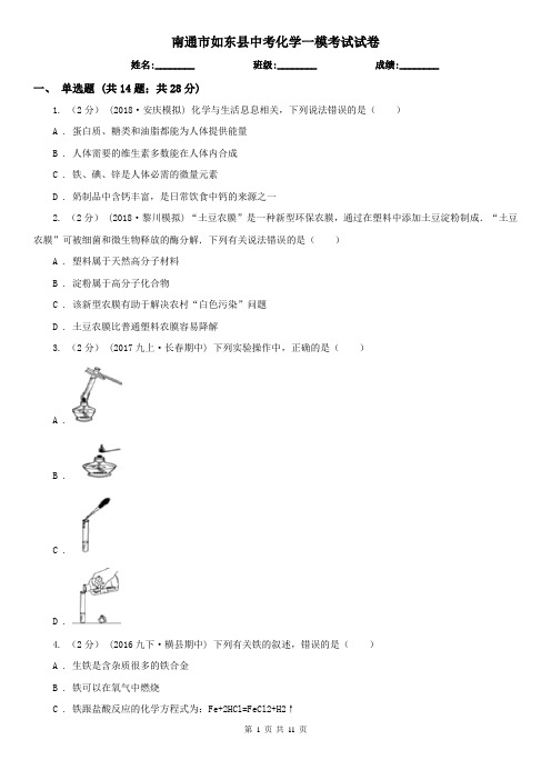 南通市如东县中考化学一模考试试卷