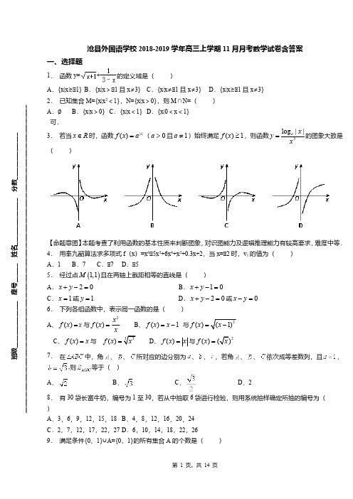 沧县外国语学校2018-2019学年高三上学期11月月考数学试卷含答案