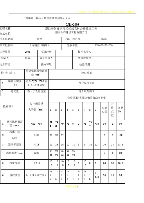 土方路基(路床)检验批质量检验记录表