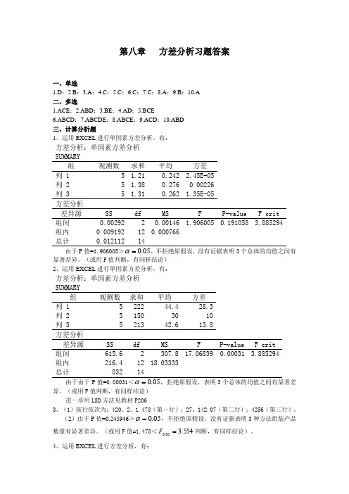 统计学课后答案(第3版)第8章方差分析习题答案