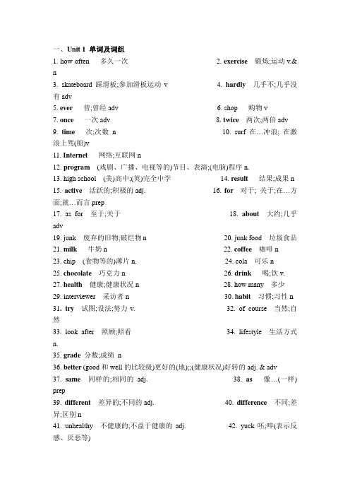 人教版八年级英语上期第一单元单词及重要词组