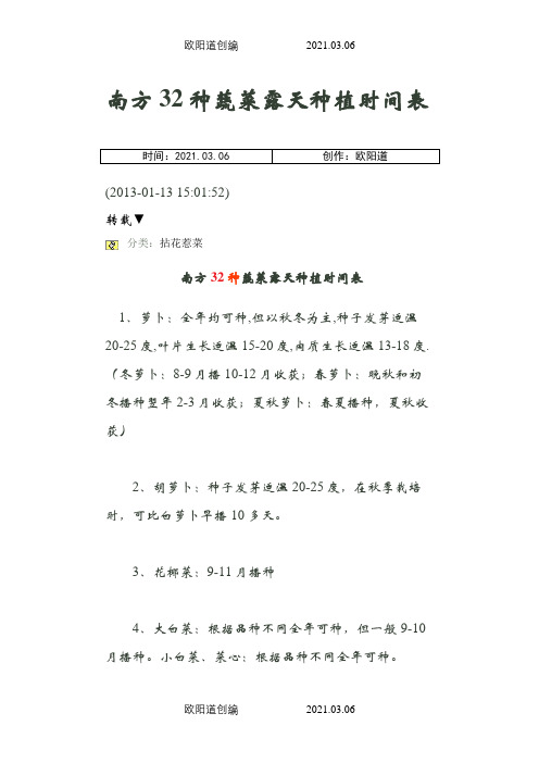 南方32种蔬菜露天种植时间表之欧阳道创编