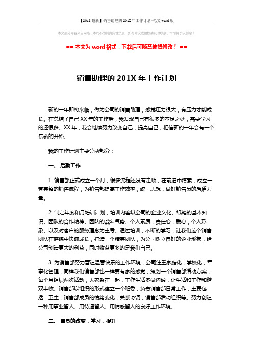【2018最新】销售助理的201X年工作计划-范文word版 (2页)
