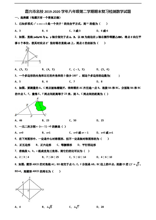 嘉兴市名校2019-2020学年八年级第二学期期末复习检测数学试题含解析