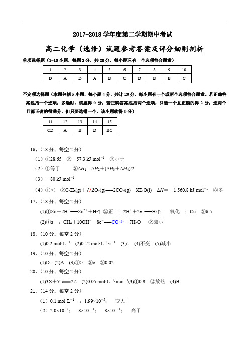 江苏省徐州市2017-2018学年高二下学期期中考试化学试题(PDF版)答案