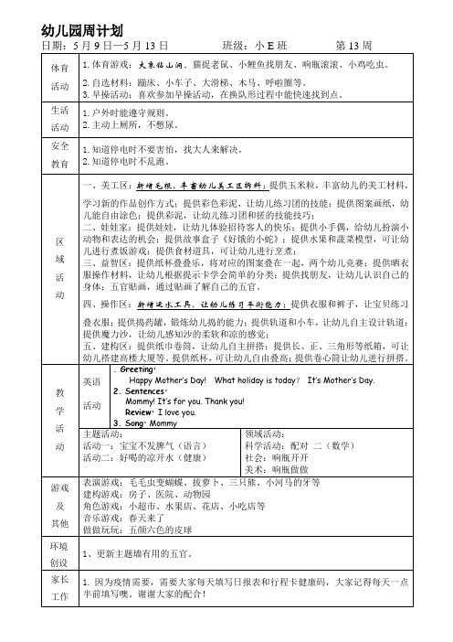 幼儿园小班班级周计划第13周