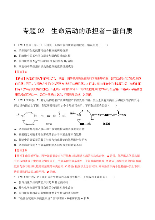 专题02 生命活动的承担者——蛋白质-3年高考2年模拟1年原创备战2019高考精品系列之生物(解析版)
