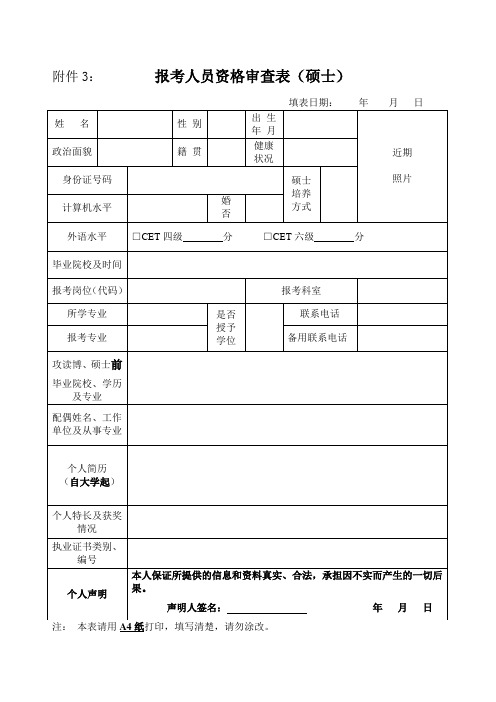 报考人员资格审查表(硕士)