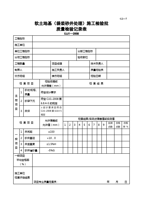 G2—7软土路基(袋装砂井处理)施工检验批质量检验记录