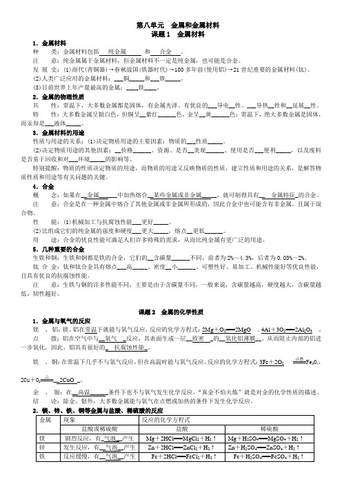 人教版九年级化学第八单元 金属和金属材料 知识点整理