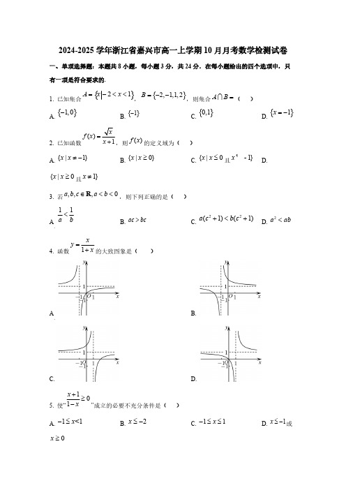 2024-2025学年浙江省嘉兴市高一上学期10月月考数学检测试卷(含解析)