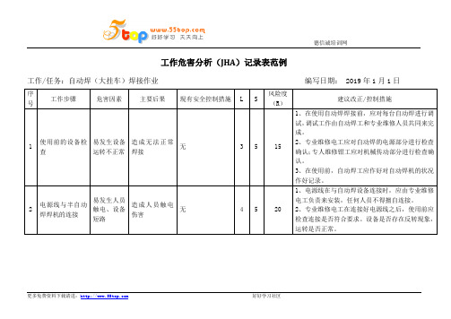 自动焊焊接作业危害分析JHA记录表