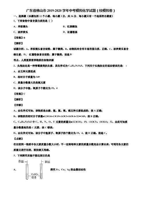 广东省佛山市2019-2020学年中考模拟化学试题(校模拟卷)含解析