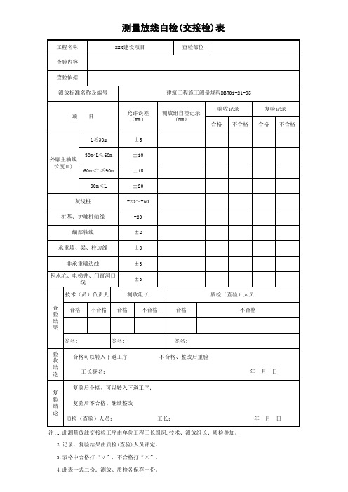 测量放线自检(交接检)表(最新通用版范本)