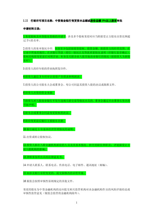 中资商业银行行政许可事项申请材料目录及格式要求（节选）