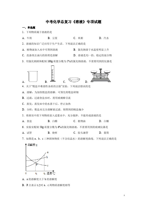 中考化学总复习《溶液》专项试题及答案