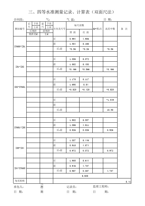 三、四等水准测量记录、计算表(双面尺法)